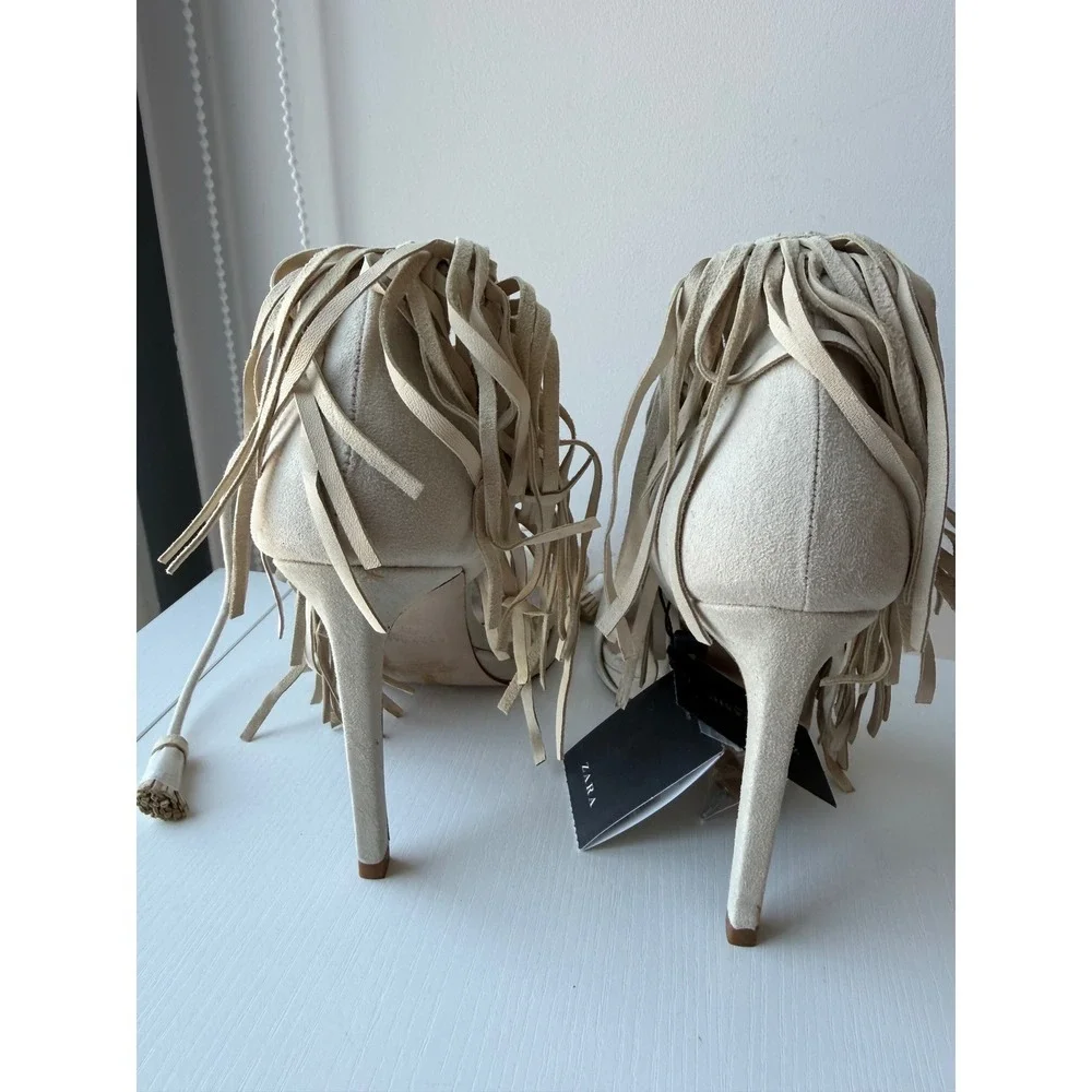 Zara Beige Faux Suede Fringe Lace Up Tassel Stiletto Heeled Sandals Size 8  NWT